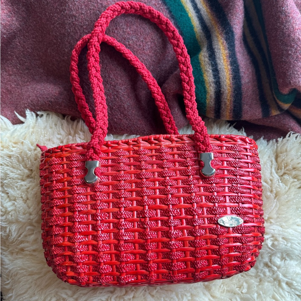 Vintage Italian Wicker Bag Gabriella Red Woven Tote Bag Braided Handles